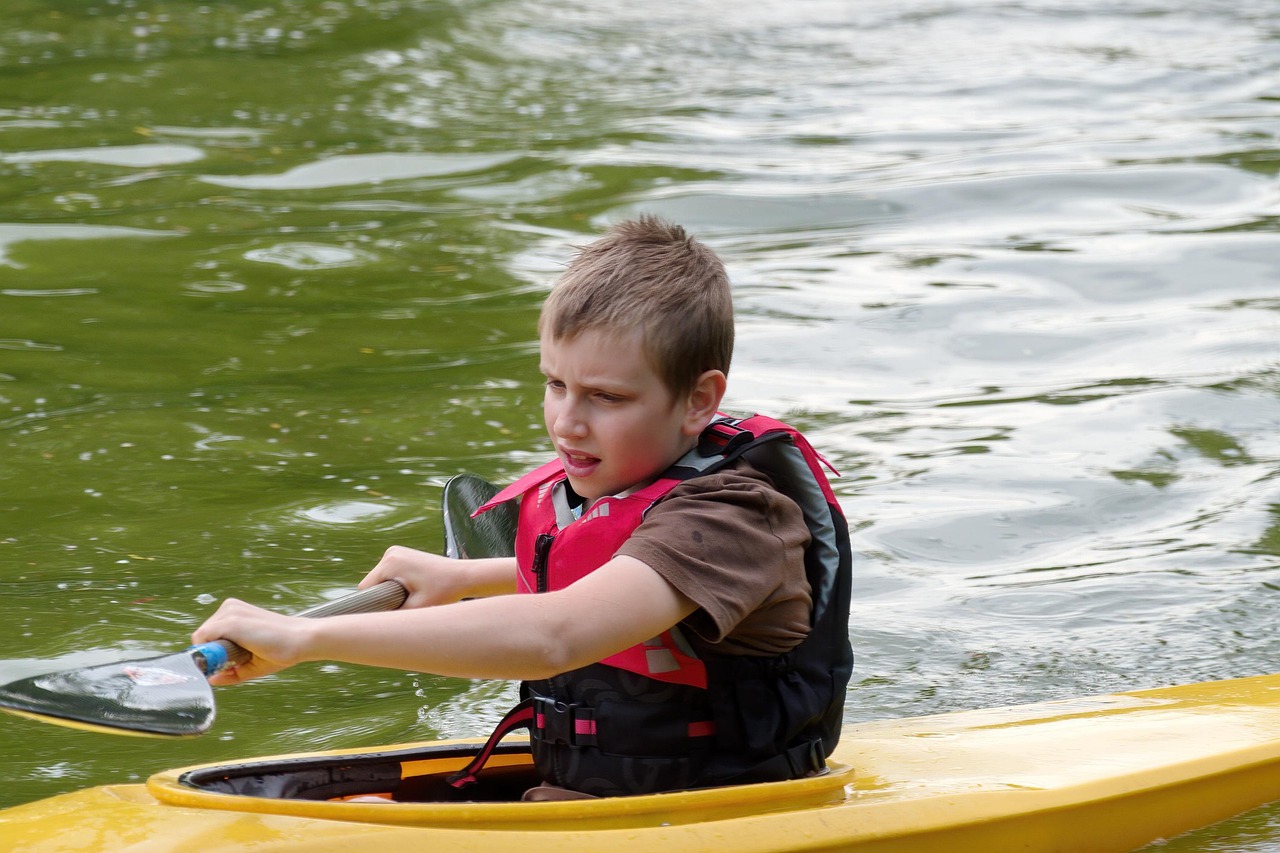 child, little boy, jacket-rescue, boat nautical, kayak, nature, paddle, the paddle, the water, lake, the nature, sports, leisure, spring, park